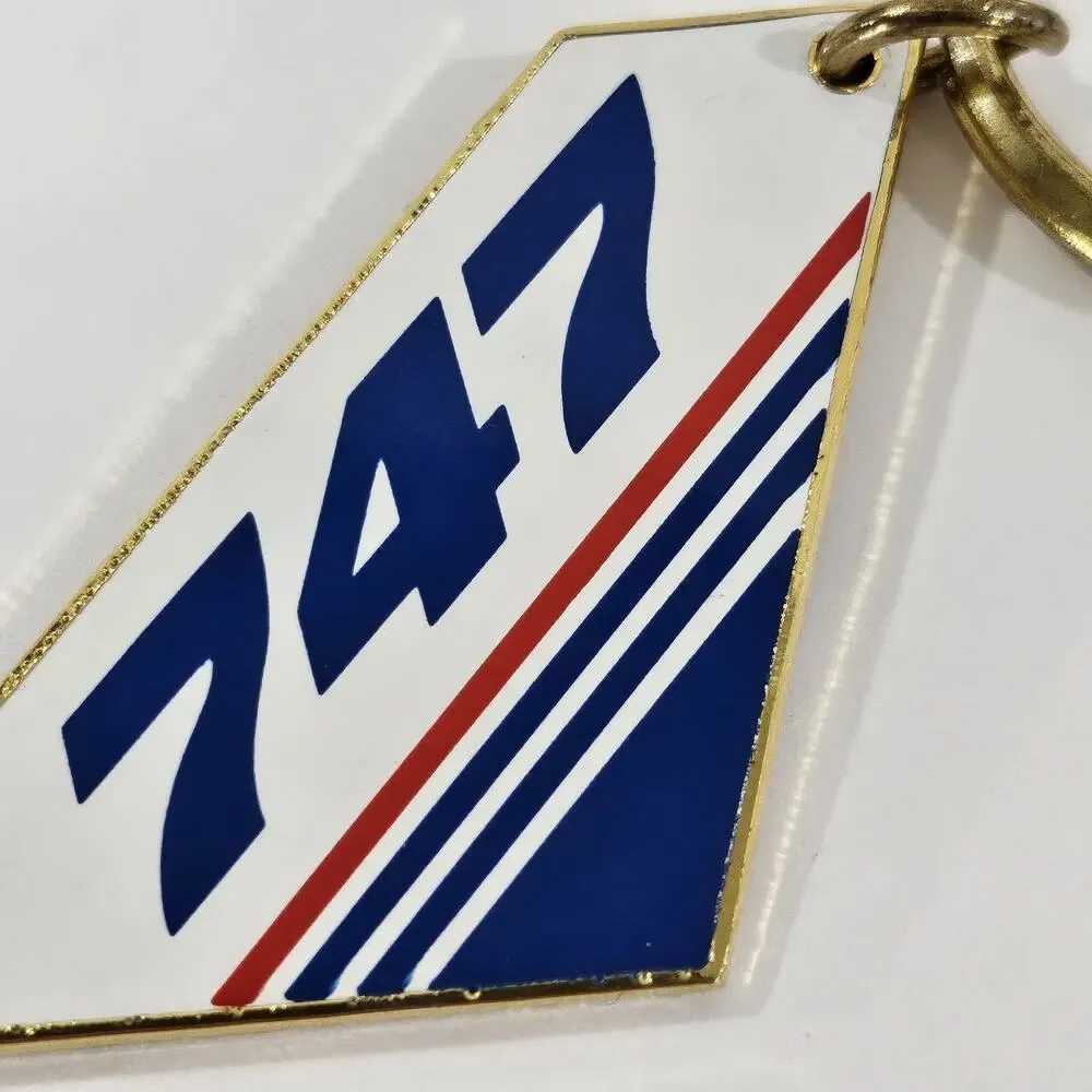 Vintage 747 Jet Airplane Tail Keychain Gold Tone Enamel Aviation Airline Pilot